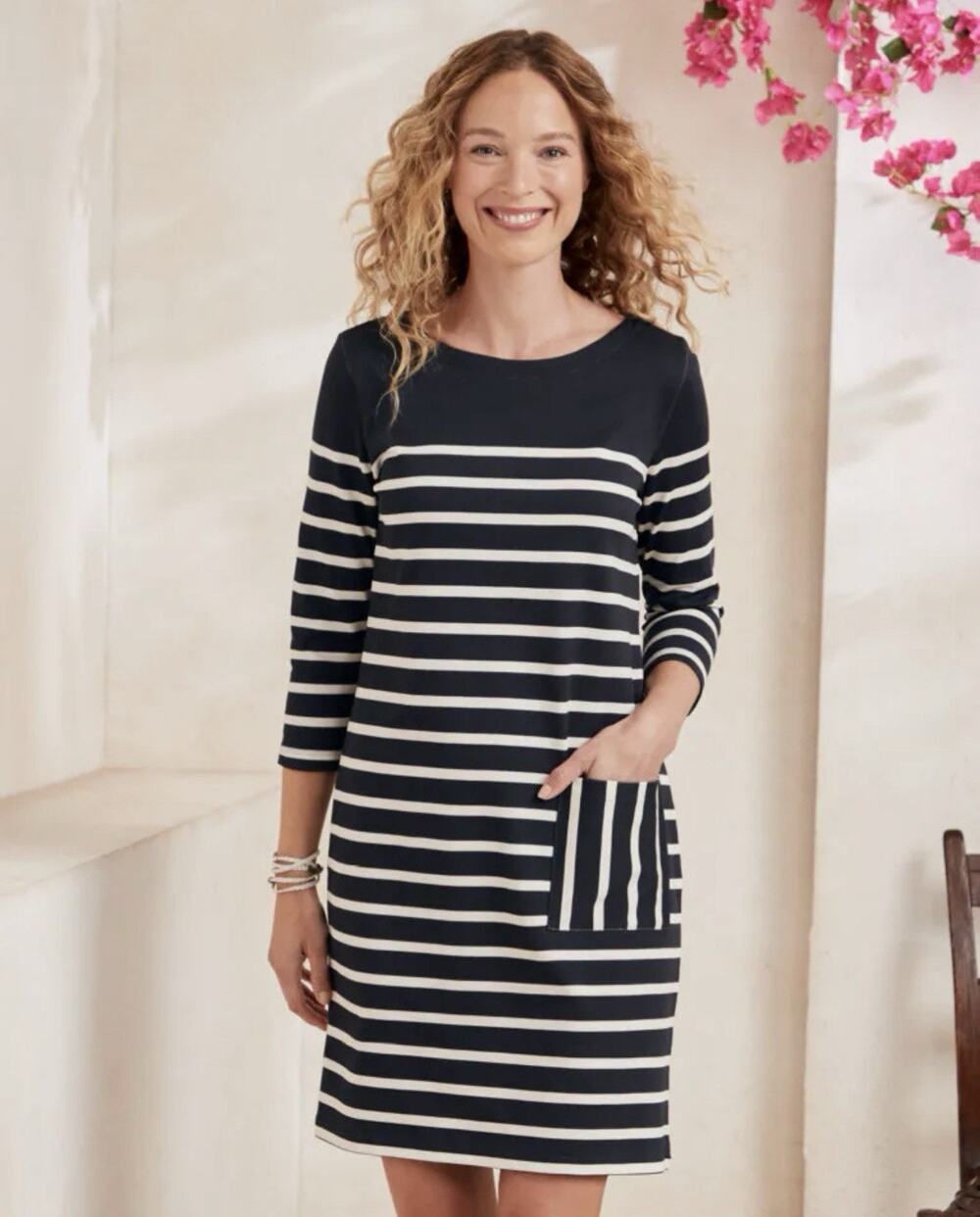 Garnet Hill Bijou Vintage Knit Dress — M Black Stripe Organic Cotton Preppy
